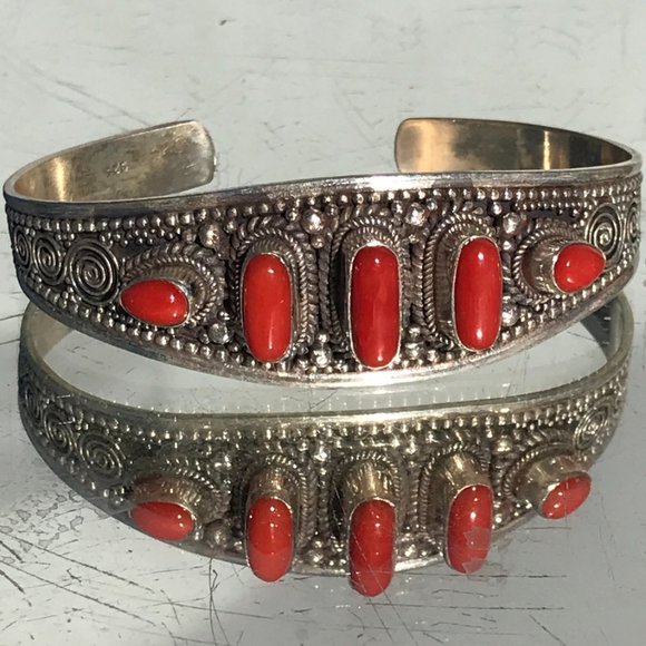 Hand Crafted Jewelry - Genuine Coral Sterling Silver Cuff 925 Repousse
